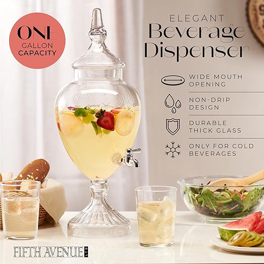 Beverage Dispenser for Countertop - 1 Gallon Large Glass Drink Dispenser w/Spigot & Lid - Party Drink Dispenser for Sweet Tea Lemonade Punch Water, Juice Dispensers for Parties