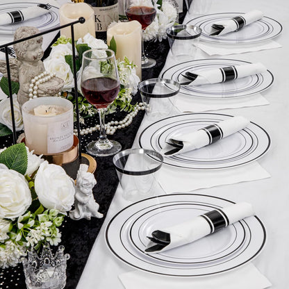 WELLIFE 210Pcs Black Plastic Dinnerware with Pre Rolled Napkins, Include:30 Dinner Plates, 30 Dessert Plates, 30 Paper Napkins, 30 Cups, 90 Plastic Cutlery
