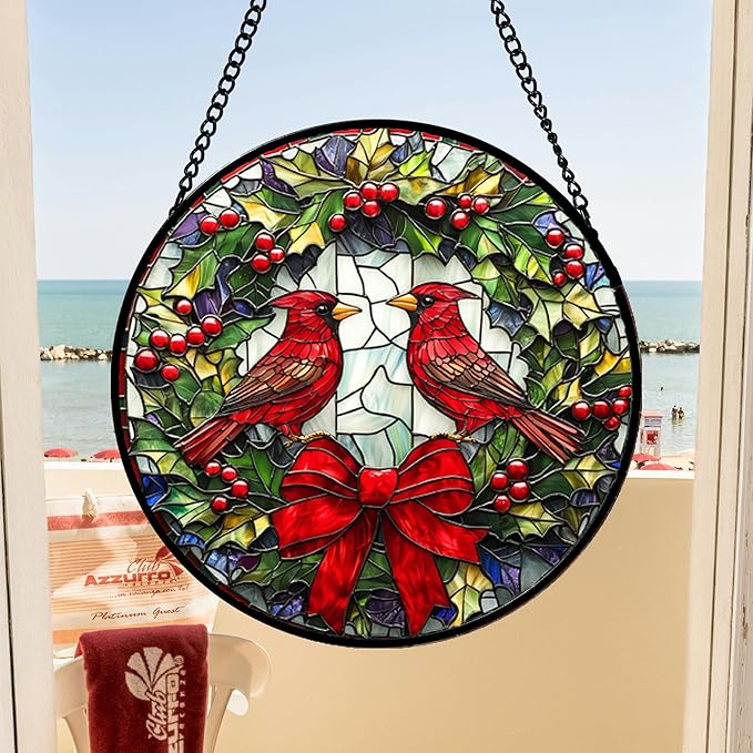 Stained Glass Window Hanging - Cardinals Green Wreath Suncatcher for Doors Home Christmas Decoration Red Bird Sun Catcher Thanksgiving New Year Birthday Gift for Women Men Mom Nana 14.9 in