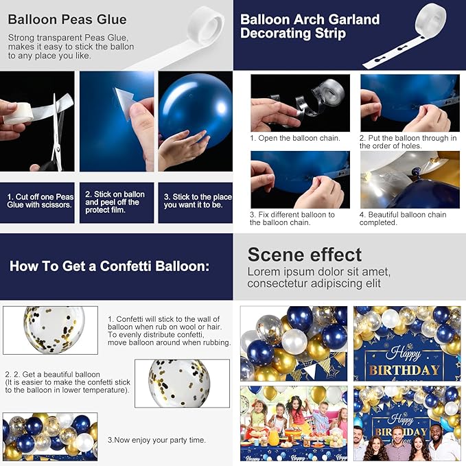 Moukeren Navy Blue and Gold Birthday Party Decorations 56 Pcs Happy Birthday Photography Backdrop Banner Tablecloths Confetti Balloons Kit for Boys Girls Men Women Party Supplies Decor