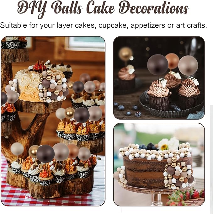 115 PCS Ball Cake Toppers - Mini Balloon Cake Decorations Foam Ball Cupcake Picks DIY cake Insert Toppers for Birthday Party Wedding Baby Shower - Brown Theme