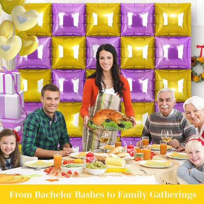 Gold and Purple Square Foil Balloons 25 Pcs Metallic Gold and Purple Balloons Wall Backdrop for New Year Graduation Birthday Bridal Shower Party Arch Backdrop Decorations