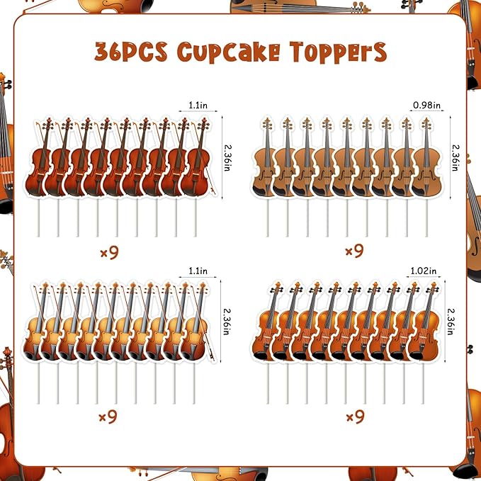 Violin Themed Party Decorations - 36pcs Violin Cupcake Toppers, Double-Sided Printed Violin Cake Decorations for Musical Instrument Themed Birthday Baby Shower Wedding Party Supplies