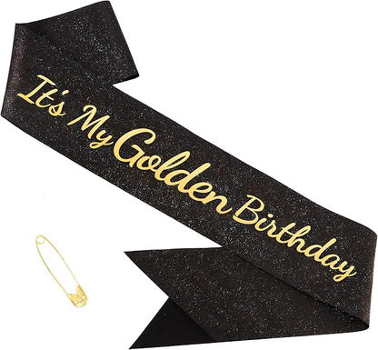 It's My Golden Birthday Sash - Black Glitter with Gold Foil Golden Birthday Sash for Women Girls Funny Party Favor Supplies Accessories