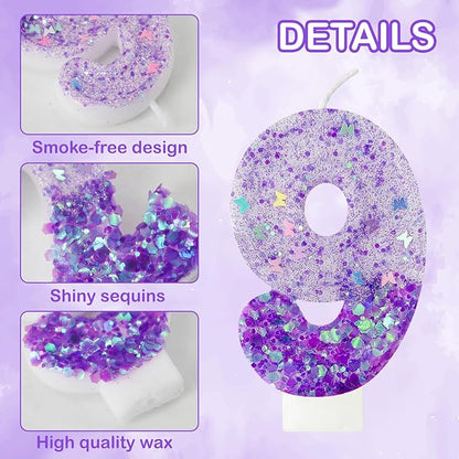 Purple Sequin Birthday Candles, Cake Number Candles, Girls 0th Birthday Decorations, Suitable for Birthday Parties, Anniversary Party Decorations(9)