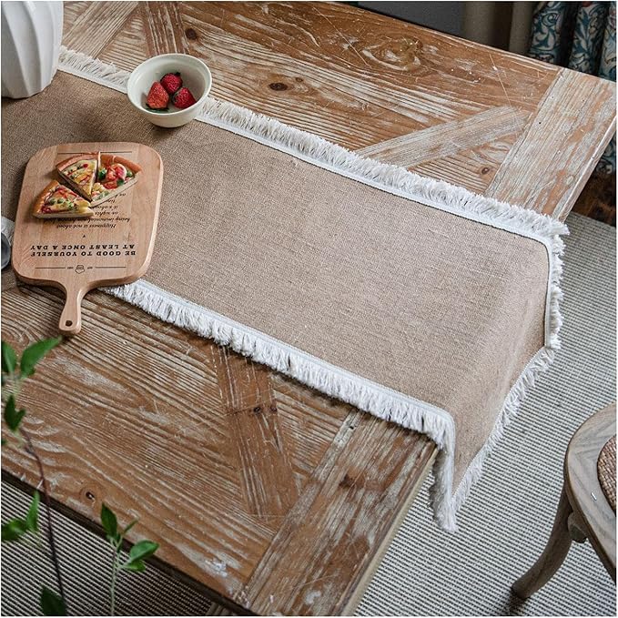 Natural Jute Table Runner, Burlap Style Table Runner, Rustic Farmhouse Table Runner Country Vintage for Wedding, Party Table Decorations, Boho Décor Jute White Tassel Placemat set of 4 (30x50cm) TAB28