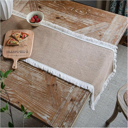 Natural Jute Table Runner, Burlap Style Table Runner, Rustic Farmhouse Table Runner Country Vintage for Wedding, Party Table Decorations, Boho Décor Jute White Tassel Placemat set of 4 (30x50cm) TAB28