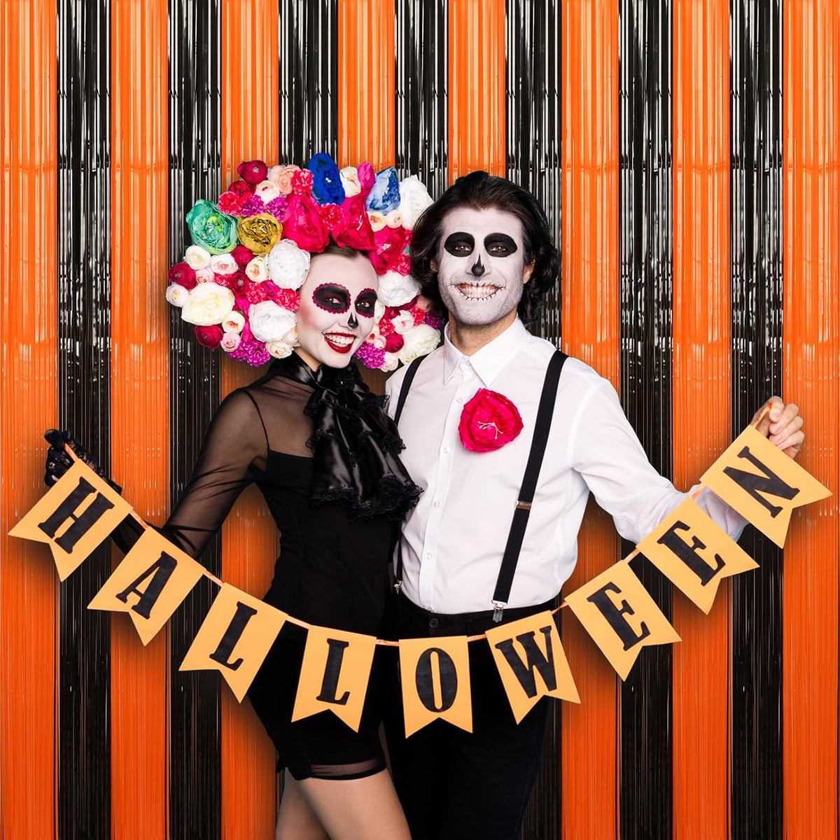 Accevo Black Orange Party Streamers 3Pack 3.2ft x 8.2ft Tinsel Black Orange Streamers Party Decorations Door Decorations Foil Fringe Curtain Halloween Christmas Party Decorations Orange Party Decor