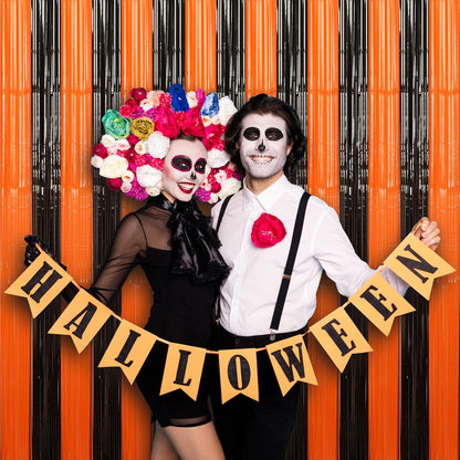 Accevo Black Orange Party Streamers 3Pack 3.2ft x 8.2ft Tinsel Black Orange Streamers Party Decorations Door Decorations Foil Fringe Curtain Halloween Christmas Party Decorations Orange Party Decor