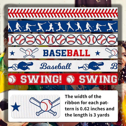 Baseball Ribbon, 6 Pack (5/8 Inch x 3 Yards Each), Sports Grosgrain Ribbons for Hair Bow, Team Party Decoration, Baseball Player Pattern Gift Wrapping Craft