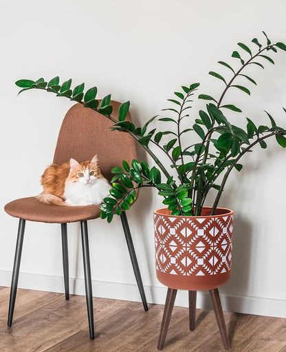 D'vine Dev 12 Inch Planter Pot with Stand, Mid-Century Tall Plant Pot with Legs for Indoor Plants, Pottery Red Terracotta/White, 88-G-C-5