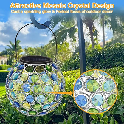 Uspring 2 Pack Crystal Mosaic Solar Lanterns Outdoor Waterproof Decorative Hanging Solar Lights for Outside, Gifts for Women Mom Grandma Garden Decor for Patio Backyard Porch Pathway Walkway, Blue