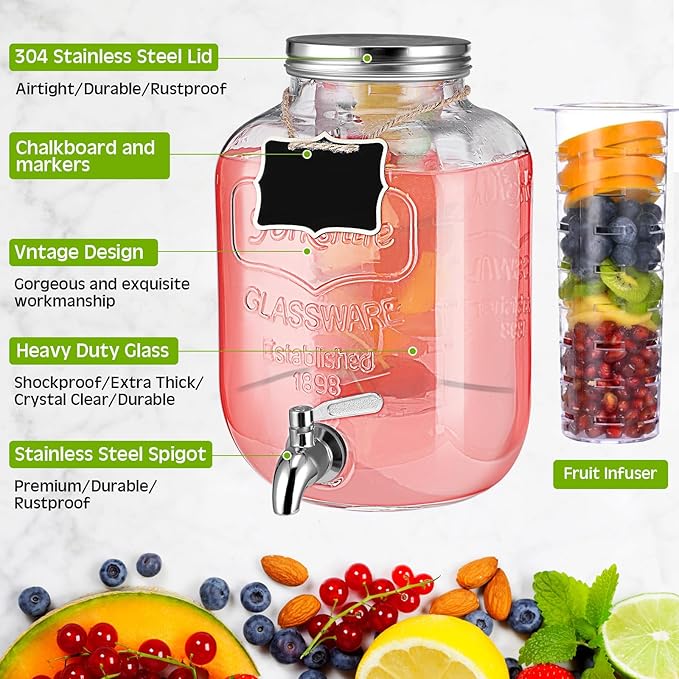 Lallisa 3 Pcs 2.5 Gallon Beverage Dispensers for Parties Glass Drink Water Dispenser with Stand Stainless Steel Leakproof Spigot Ice Cylinder Hanging Chalkboard Signs Pen(Silver)