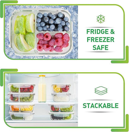 PrepNaturals 5 Pack 34 Oz Glass Meal Prep Containers - Dishwasher Microwave Freezer Oven Safe - Glass Storage Containers with Lids (Multi-Compartment)