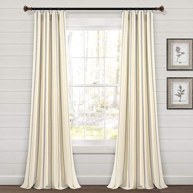 Lush Decor Farmhouse Stripe Yarn Dyed Eco-Friendly Recycled Cotton Window Curtain Panel Pair, 42" W x 95" L, Yellow & Gray - Classic Modern Rustic Charm - Eco Friendly Cotton Fabric