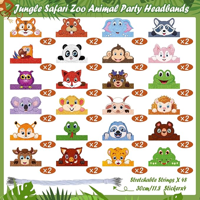 Tinlade 48 Pcs Animal Hats for Kids Jungle Safari Animal Paper Party Crowns Headbands Bulk Zoo Birthday Party Favors for Girls Boys