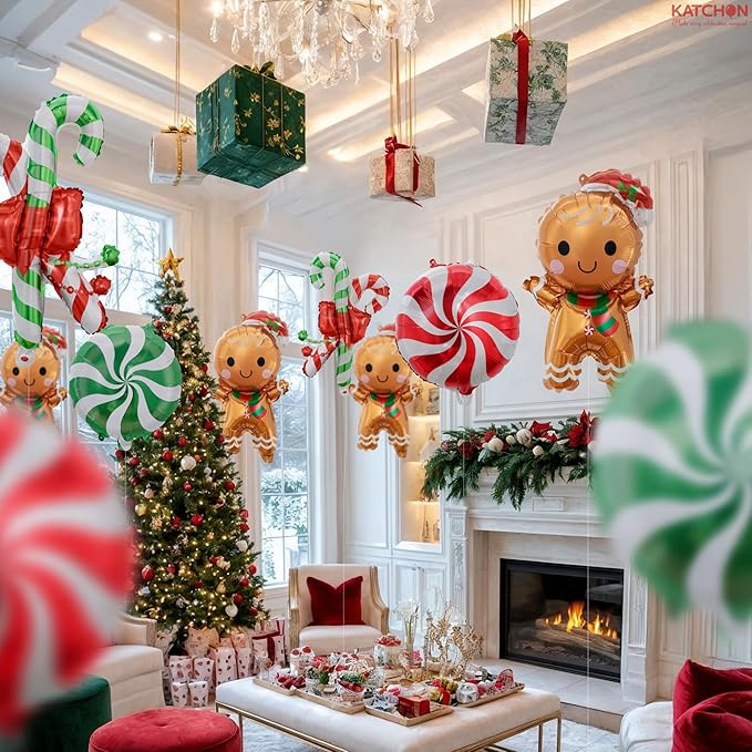 KatchOn, Shiny Candy Cane with Gingerbread Foil Balloons - 10 Pcs, 24 Inch | Christmas Balloons Decorations for Gingerbread Christmas Decorations Indoor | Candy Cane Balloon | Birthday Party Supplies