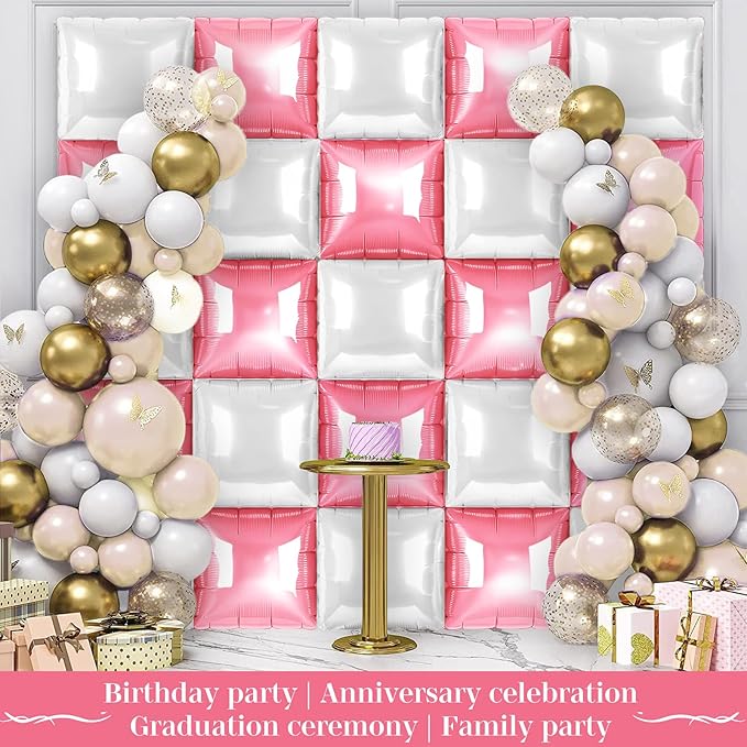 Pink and White Square Foil Balloons 25 Pcs Metallic Pink and White Balloons Wall Backdrop for New Year Graduation Birthday Bridal Shower Party Arch Backdrop Decorations