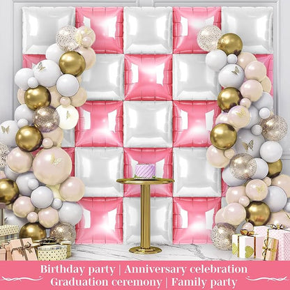 Pink and White Square Foil Balloons 25 Pcs Metallic Pink and White Balloons Wall Backdrop for New Year Graduation Birthday Bridal Shower Party Arch Backdrop Decorations