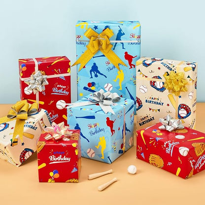 WERNNSAI Baseball Gift Wrapping Paper - 3 Rolls 17 in x 10 ft Boy Birthday Wrapping Paper Sports Wrapping Paper Roll for Kids Birthday Milky Blue Red Gift Wrapping Papers with Cut Lines