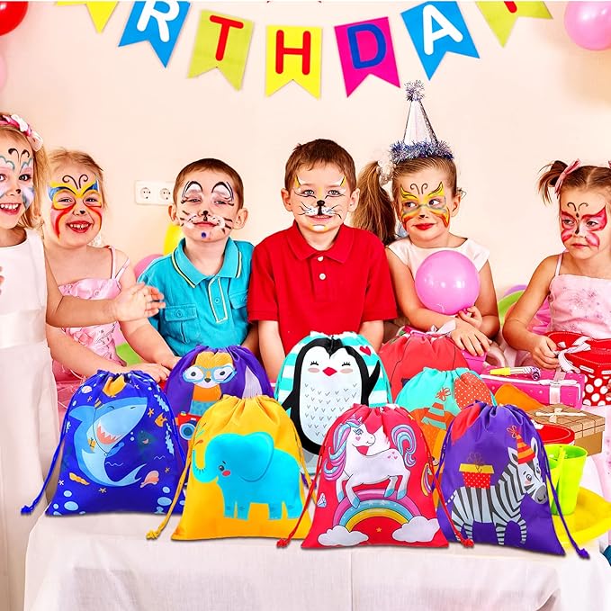 Kinlop 16 Pack Drawstring Party Favor Bags for Kids Birthday Party School Drawstring Candy Goody Bag with Cartoon Animal Designed for Baby Boys and Girls (8 Styles)