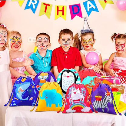 Kinlop 16 Pack Drawstring Party Favor Bags for Kids Birthday Party School Drawstring Candy Goody Bag with Cartoon Animal Designed for Baby Boys and Girls (8 Styles)