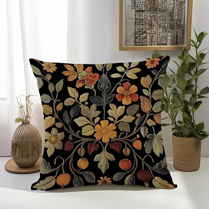 William Morris Abstract Vintage Print Floral Velvet Design Throw Pillow Covers Home Decor, Retro Art Deco Pillowcase Cushion Cover for Bed Sofa Living Room, Square 18x18inch (Black-Floral2)