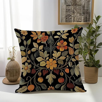 William Morris Abstract Vintage Print Floral Velvet Design Throw Pillow Covers Home Decor, Retro Art Deco Pillowcase Cushion Cover for Bed Sofa Living Room, Square 18x18inch (Black-Floral2)