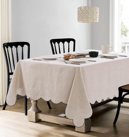 100% French Flax Linen Tablecloths Scalloped Embroidery Rectangle 120Lx60W Inch for Dinners, Parties, Spring, Machine Washable, 10-12 Sets, Linen(Edges-Green)