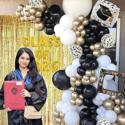 Janiuns Black and Gold Graduation Balloon Garland Arch Kit with Class of 2026 Foil Balloon & 78 Inch Foil Fringe Curtains Backdrop - 2026 Graduation Decorations with Black Gold White Grad Cap Balloons