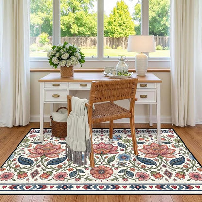 2'x3' Boho Floral Area Rug Vintage Colorful Botanical Carpet Non-Slip Washable Rugs for Entryway Bedroom Living Room Nursery Kitchen Playroom Home Decor