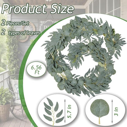 Grever 2 Pack Artificial Eucalyptus Garland with Willow Leaves Handmade Faux Greenery Garland 6.56 Feet for Wedding Backdorp Arch Wall Table Runner Decor Birthday Bridal Baby Shower Indoor Outdoor