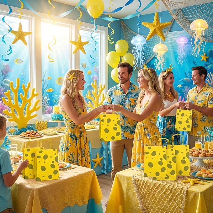 Humyoun 30 Pcs Yellow Sponge Party Favors Gift Bags Cartoon Goodie Candy Treat Bags with Handles Birthday Supplies Decorations, 8.3 x 5.9 x 3.2 Inch