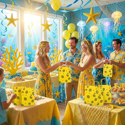 Humyoun 30 Pcs Yellow Sponge Party Favors Gift Bags Cartoon Goodie Candy Treat Bags with Handles Birthday Supplies Decorations, 8.3 x 5.9 x 3.2 Inch