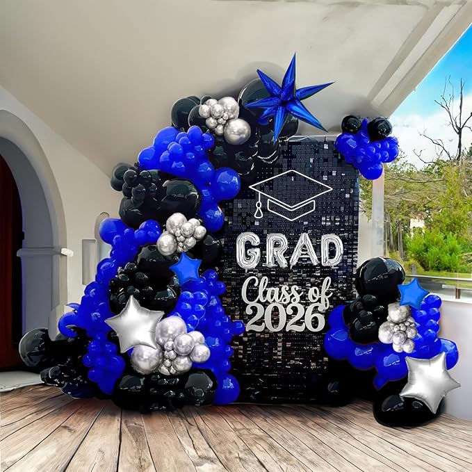 Black royal blue and Silver Balloon Garland Arch Kit 130+ Pieces with royal blue and Silver Stars, Graduation Certificate Graduation Cap GRAD Letters Mylar Balloons for 2025 Graduation Prom Decoration