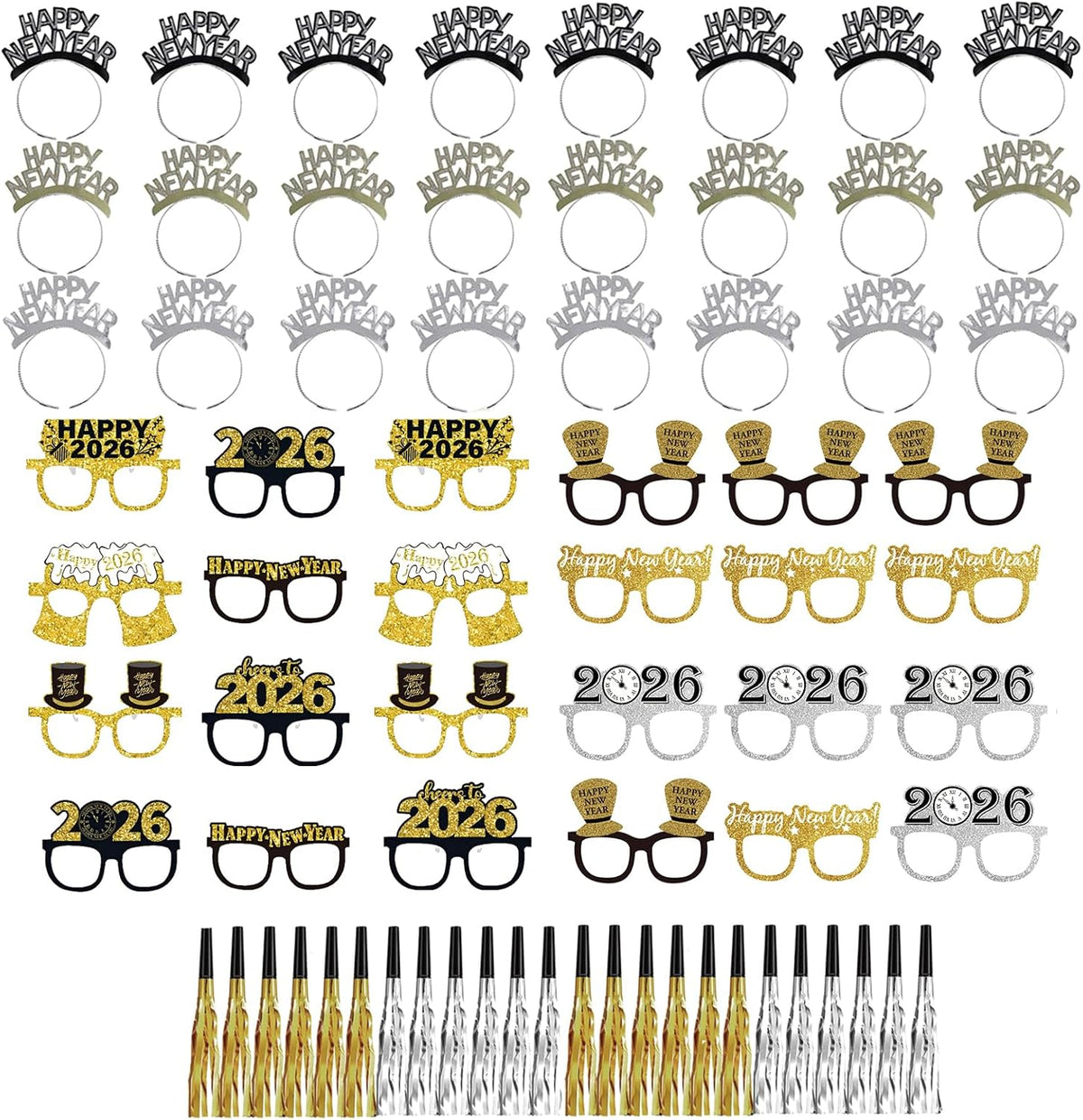 78PCS New Years Eve Party Supplies 2026,Happy New Year Headband,Glasses,Noise Makers Party Favors