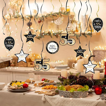 Happy 55th Birthday Black & Gold Glitter Swirls Streamers Party Decorations - 15 Pcs 55th Birthday Hanging Swirls Streamers Kit,Perfect for 55th Bday Party Sign.
