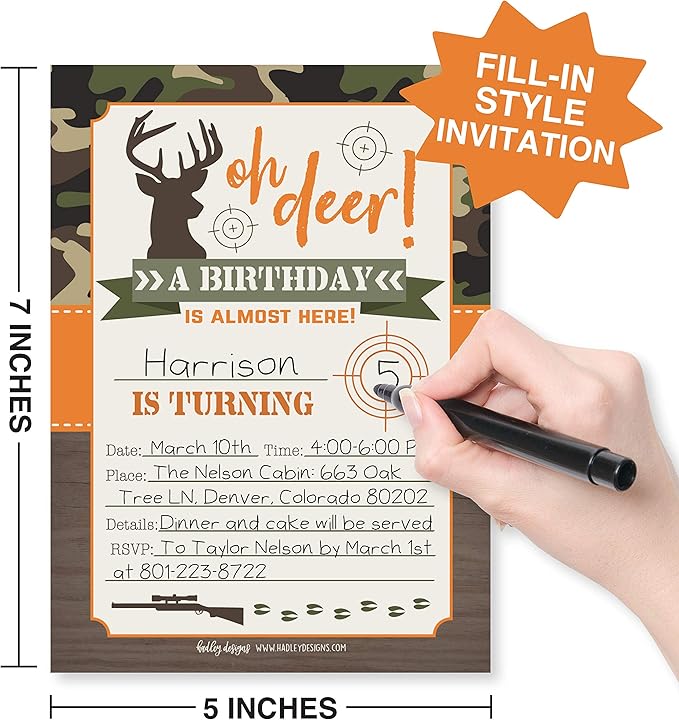 Hadley Designs Kids Birthday Invitations For Boys Camo Theme - 25 Deer Hunting Birthday Party Invitations For Boys, Camouflage Oh Deer Invites For Boy, Cute Hunting Party Supplies, Made In USA