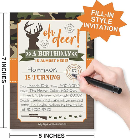 Hadley Designs Kids Birthday Invitations For Boys Camo Theme - 25 Deer Hunting Birthday Party Invitations For Boys, Camouflage Oh Deer Invites For Boy, Cute Hunting Party Supplies, Made In USA