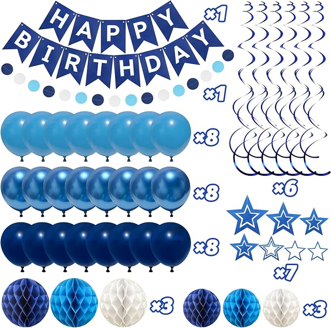 ZERODECO Birthday Decorations, Easy to Assemble Blue Happy Birthday Banner with Honeycomb Ball, Balloon, Hanging Swirl Streamer, Garland, Happy Birthday Party Decorations for Women Men Boys Girls