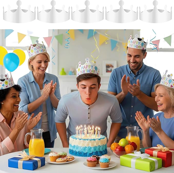 50 Pcs White Paper Crowns Bulk, DIY Blank Birthday Party Crown Classic Style Paper Birthday Crowns for Classroom Party Hats Decorations Baby Shower Supplies (24 x 4.7 in)