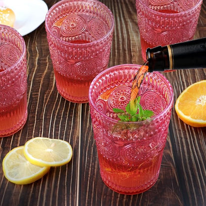 Loivttvv 6pcs Vintage Drinking Glasses Set, 12 oz Pink Highball Glasses, Embossed Ribbed Glassware Cups for Cocktail, Water, Juice, Coffee, Whiskey