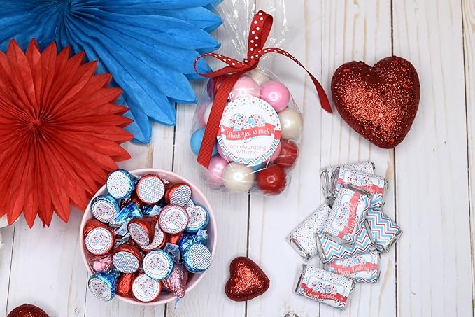 Heartbreaker Red & Blue Hearts Valentine's Day Birthday Party Sticker Bundle Kit 429 pieces! Includes 2" Circle Stickers for Favors, Mini Candy Bar Wrappers & Round Candy Kiss Stickers
