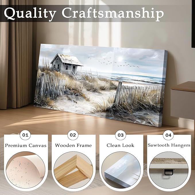 imjiayu Oversized Wall Art, Landscape Wall Art, Rustic Wall Decor, Retro Beach Log Cabin Art Prints, Nostalgic Extra Large Paintings for Living Room Dining Room Farmhouse Home Decoration 29"x57"