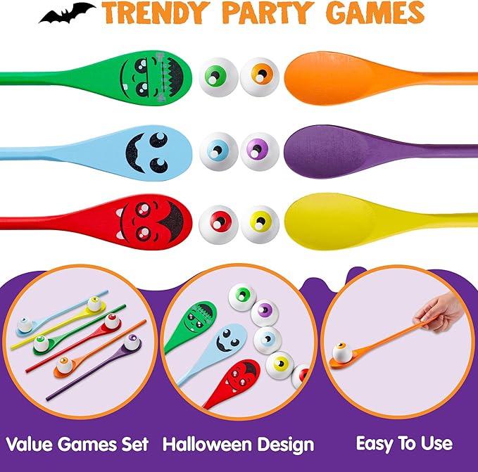 JOYIN Halloween Egg and Spoon Race Game Set; 6 Eyeballs and Spoons with Assorted Colors for Kids Adults Halloween Outdoor Fun Games, Party Favor Supplies, Classroom Activities