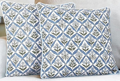 SheetKart Cotton Throw Pillow Covers - Set of 2 - Hand Block Cotton Printed Boho Decorative Pillow Covers - Cushion Covers for Living Room, Bohemian Theme, 17x17 Inches, Floral Blue