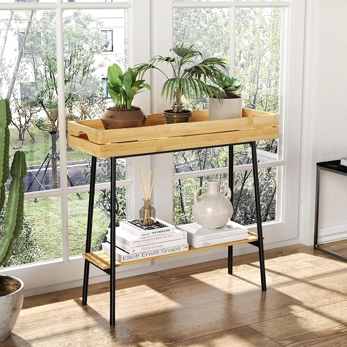 BAMBANG Bamboo Plant Stand Indoor, 2 Tier Wood Small Plant Table, Tall Plant Stand for Indoor Plants, Window Sill Plant Shelf, Flower Pot Holder Plant Bench Plant Rack for Living Room Balcony Outdoor