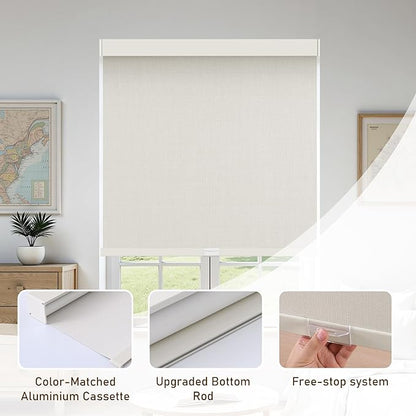 AOSKY Linen Roller Blinds Shades for Indoor Windows Pull Down Cordless Blackout Black Out Window Shade 35.5 Inch Blinds for Home Beige