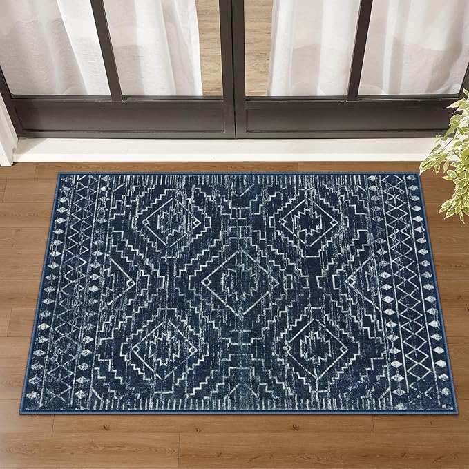 Wonnitar Moroccan Bathroom Rug,Washable 2x3 Small Bath Mat, Boho Tribal Soft Kitchen Sink Mat, Non-Slip Geometric Entry Way Rug, Low-Pile Indoor Carpet for Bedside Entrance Laundry (Blue,2'x3')