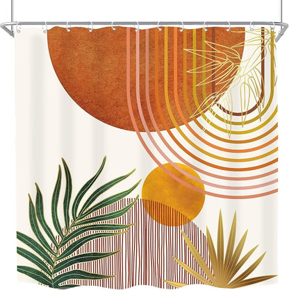 KOMLLEX Mid Century Orange Boho Shower Curtain 72Wx72L Inches Abstract Modern Shower Curtains for Bathroom Decor Plant Botanical Minimalist Arch Sun Fabric Liner Waterproof Polyester 12 Pack Hooks